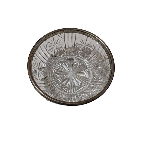 Pressed Glass Bowl With Silver-Plated Rim Starburst Pattern Vintage Elegant Deco - Picture 3 of 8